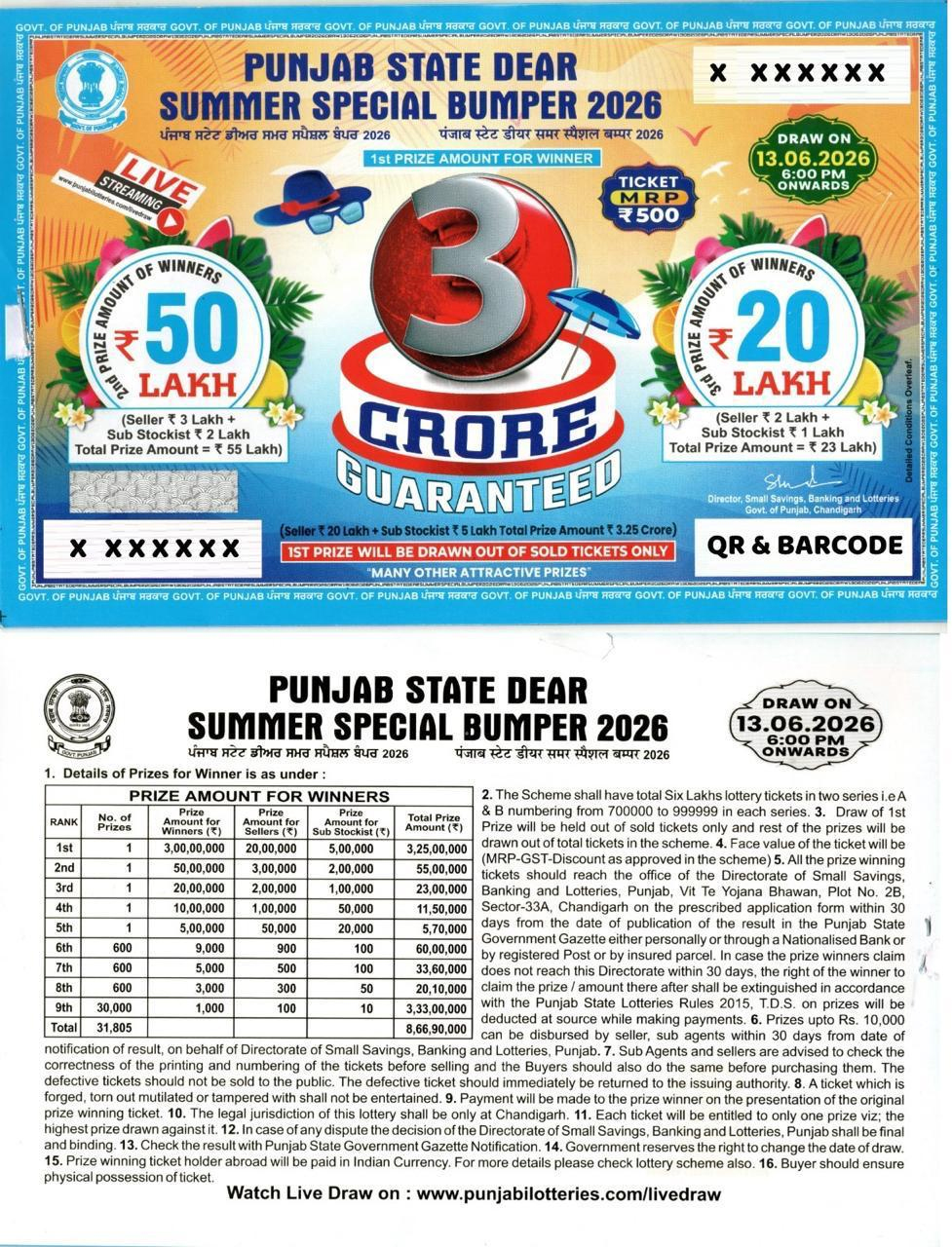Punjab State Dear Summer Special Bumper 2026 lottery ticket image